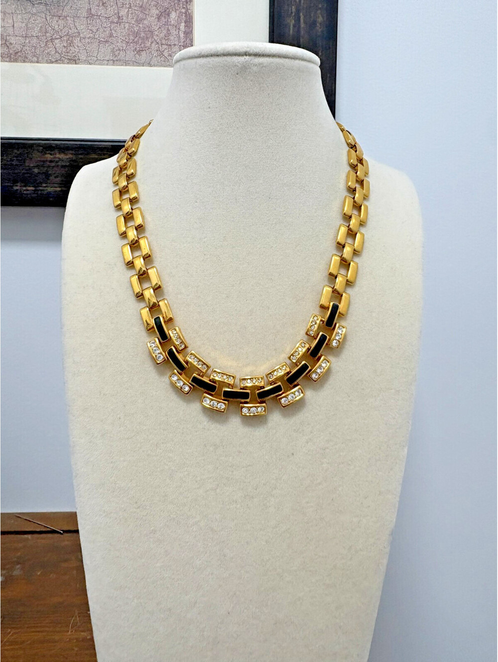 Vintage Napier Gold Tone 3 Row Panther Link Choker w/ Rhinestone & Black Enamel
